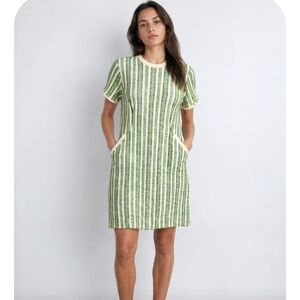 Vintage Handmade Textured Knit Mock Pockets Green Striped Dress Medium